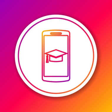 Renkli arka planda yalıtılmış ekran akıllı telefon satırı simgesinde Renk Mezuniyet kapağı. Online öğrenme veya e-öğrenme kavramı. Daire beyaz düğme. Vektör İllüstrasyonu