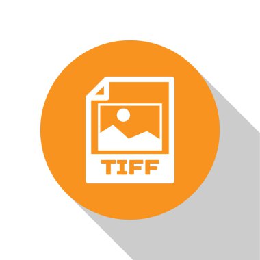 Beyaz Tiff dosya belge simgesi. Beyaz arka planda yalıtılmış tiff düğme simgesini indirin. Tiff dosya sembolü. Turuncu daire düğmesi. Vektör İllüstrasyonu