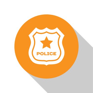 Beyaz Polis rozeti simgesi beyaz arka planda izole. Şerif rozeti işareti. Turuncu daire düğmesi. Düz tasarım. Vektör İllüstrasyonu