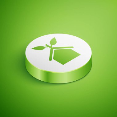 İzometrik Eko dostu ev simgesi yeşil arka plan üzerinde izole. Yapraklı eko ev. Beyaz daire düğmesi. Vektör İllüstrasyonu