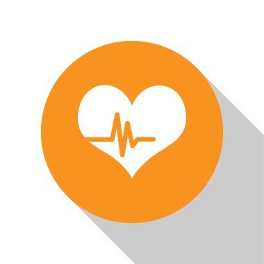 Beyaz Kalp hızı simgesi beyaz arka planda yalıtılmış. Kalp atışı işareti. Kalp nabız simgesi. Kardiyogram simgesi. Turuncu daire düğmesi. Düz tasarım. Vektör İllüstrasyonu