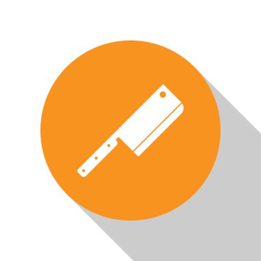 Beyaz et doğrama simgesi beyaz arka plan üzerinde izole. Et için mutfak bıçağı. Kasap bıçağı. Turuncu daire düğmesi. Düz tasarım. Vektör İllüstrasyonu