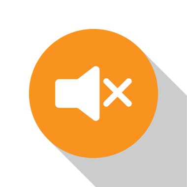 Beyaz Hoparlör sessiz simgesi beyaz arka planda yalıtılmış. Ses simgesi yok. Ses Kapalı simgesi. Turuncu daire düğmesi. Düz tasarım. Vektör İllüstrasyonu