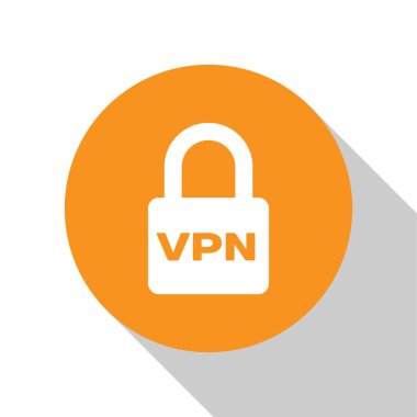 Beyaz Arka planda yalıtılmış Beyaz Kilit Vpn simgesi. Turuncu daire düğmesi. Vektör İllüstrasyonu