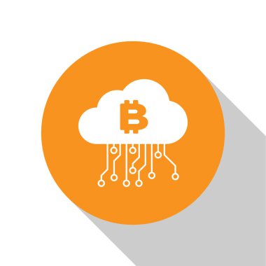 Beyaz şifreleme bulut madenciliği simgesi beyaz arka planda yalıtılmış. Blockchain teknolojisi, bitcoin, dijital para piyasası, kripto para cüzdanı. Turuncu daire düğmesi. Düz tasarım. Vektör İllüstrasyonu