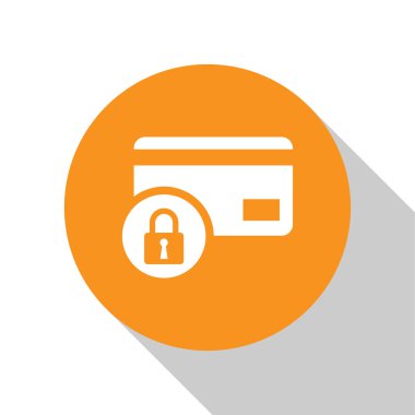 Beyaz arka planda yalıtılmış kilit simgesine sahip Beyaz Kredi kartı. Kilitli banka kartı. Güvenlik, güvenlik, koruma konsepti. Güvenli bir ödeme kavramı. Turuncu daire düğmesi. Vektör İllüstrasyonu