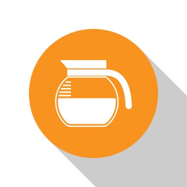 Beyaz kahve demlik simgesi beyaz arka plan üzerinde izole. Turuncu daire düğmesi. Düz tasarım. Vektör İllüstrasyonu