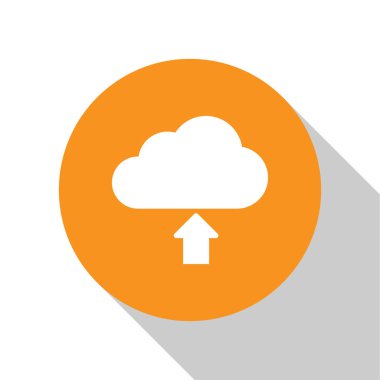 Beyaz Bulut indirme simgesi beyaz arka planda yalıtılmış. Turuncu daire düğmesi. Düz tasarım. Vektör İllüstrasyonu