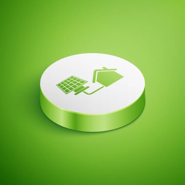 Yeşil arka plan üzerinde izole güneş paneli simgesi ile İzometrik House. Ekoloji, güneş yenilenebilir enerji. Çevre dostu bir ev. Çevre Koruma. Beyaz daire düğmesi. Vektör İllüstrasyonu