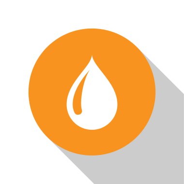 Beyaz su damla simgesi beyaz arka plan üzerinde izole. Turuncu daire düğmesi. Düz tasarım. Vektör İllüstrasyonu