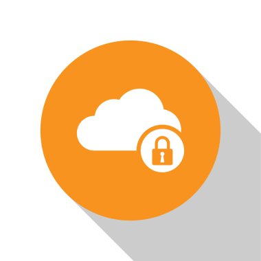 Beyaz arka planda yalıtılmış Beyaz Bulut bilgi işlem kilidi simgesi. Güvenlik, güvenlik, koruma konsepti. Turuncu daire düğmesi. Vektör İllüstrasyonu