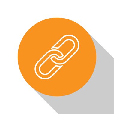 Beyaz Zincir bağlantı simgesi beyaz arka planda yalıtılmış. Bağlantı tek. Turuncu daire düğmesi. Düz tasarım. Vektör İllüstrasyonu