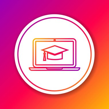 Renkli arka planda yalıtılmış ekran dizüstü bilgisayar satırı simgesinde Renk Mezuniyet kapağı. Online öğrenme veya e-öğrenme kavramı. Daire beyaz düğme. Vektör İllüstrasyonu