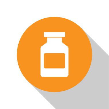 Beyaz Tıp şişe simgesi beyaz arka plan üzerinde izole. Şişe hapı işareti. Eczane tasarımı. Turuncu daire düğmesi. Düz tasarım. Vektör İllüstrasyonu