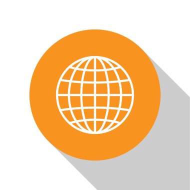 Beyaz dünya simgesi beyaz arka plan üzerinde izole. Turuncu daire düğmesi. Düz tasarım. Vektör İllüstrasyonu