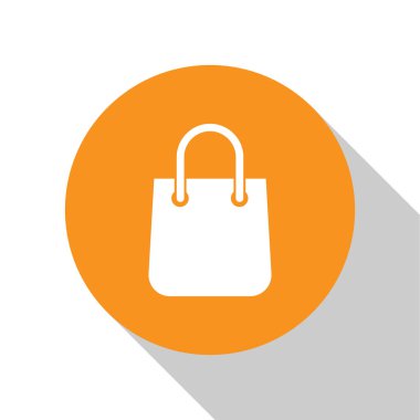 Beyaz Alışveriş çantası simgesi beyaz arka plan üzerinde izole. Paket işareti. Turuncu daire düğmesi. Vektör İllüstrasyonu