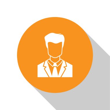 Beyaz kullanıcı iş elbisesi simgesi beyaz arka plan üzerinde izole adam. İş avatarı simgesi - kullanıcı profili simgesi. Erkek kullanıcı işareti. Turuncu daire düğmesi. Düz tasarım. Vektör İllüstrasyonu