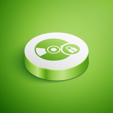 Yeşil arka plan üzerinde izole kapalı asma kilit simgesi ile İzometrik Cd veya Dvd disk. Kompakt disk işareti. Güvenlik, güvenlik, koruma konsepti. Beyaz daire düğmesi. Vektör İllüstrasyonu
