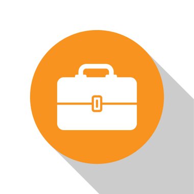 Beyaz Araç Kutusu simgesi beyaz arka planda yalıtılmış. Alet kutusu işareti. Turuncu daire düğmesi. Düz tasarım. Vektör İllüstrasyonu