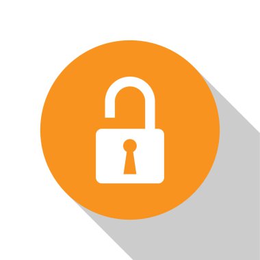 Beyaz arka planda yalıtılmış Beyaz Açık asma kilit simgesi. Kilit işaretini açtı. Siber güvenlik konsepti. Dijital veri koruması. Güvenlik güvenliği. Turuncu daire düğmesi. Vektör İllüstrasyonu