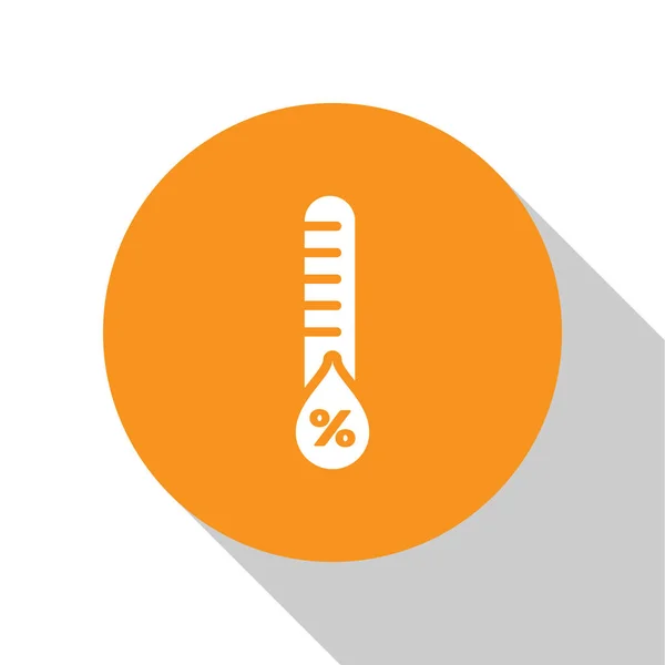 Icono de humedad blanca aislado sobre fondo blanco. Clima y meteorología, símbolo del termómetro. Botón círculo naranja. Ilustración vectorial — Vector de stock