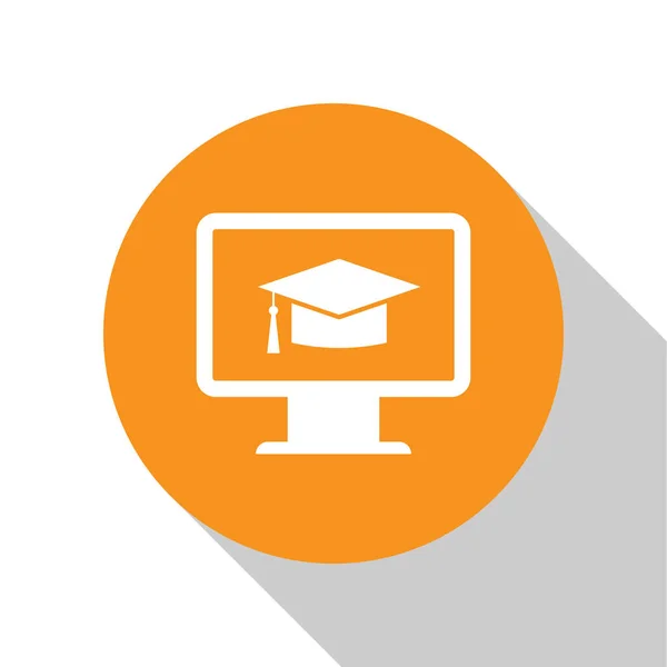 White Computer monitor with graduation cap icon isolated on white background. Online learning or e-learning concept. Internet knowledge symbol. Orange circle button. Flat design. Vector Illustration — Stock Vector