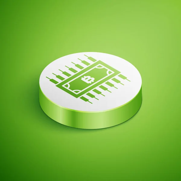 アイソメ暗号通貨の概念ビットコインは、緑色の背景に隔離されたマイクロチップ回路アイコンを持つ円で。ブロックチェーン技術、デジタルマネー市場。白い円のボタン。ベクトルイラストレーション — ストックベクタ