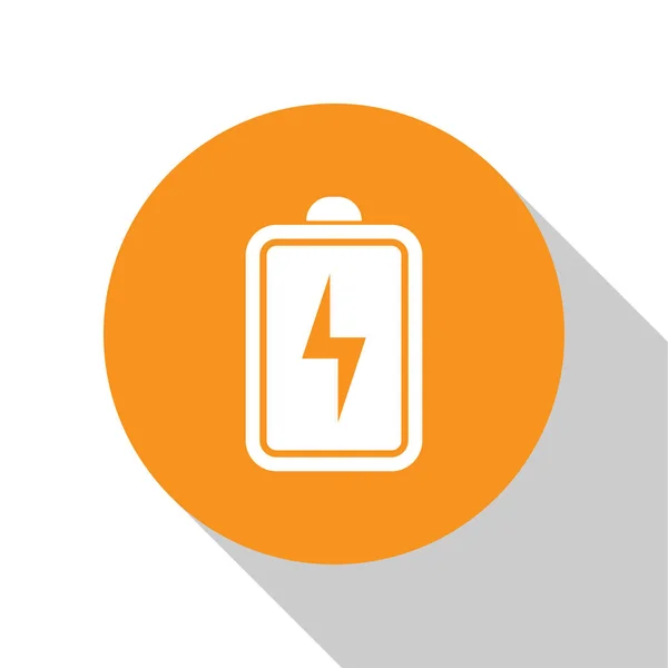 White Battery icon isolated on white background. Lightning bolt symbol. Orange circle button. Flat design. Vector Illustration — Stock Vector