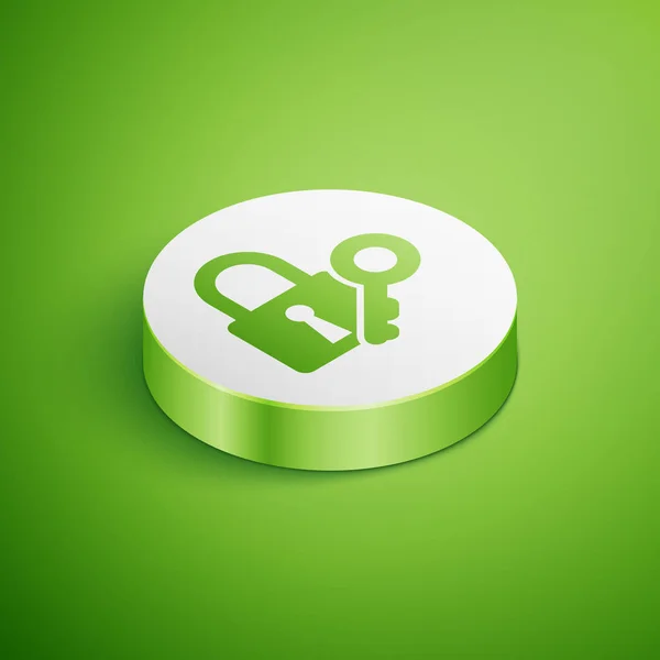 Isometrisch slot en sleutel pictogram geïsoleerd op groene achtergrond. Hangslot teken. Beveiliging, veiligheid, bescherming, privacy concept. Witte cirkel knop. Vector illustratie — Stockvector
