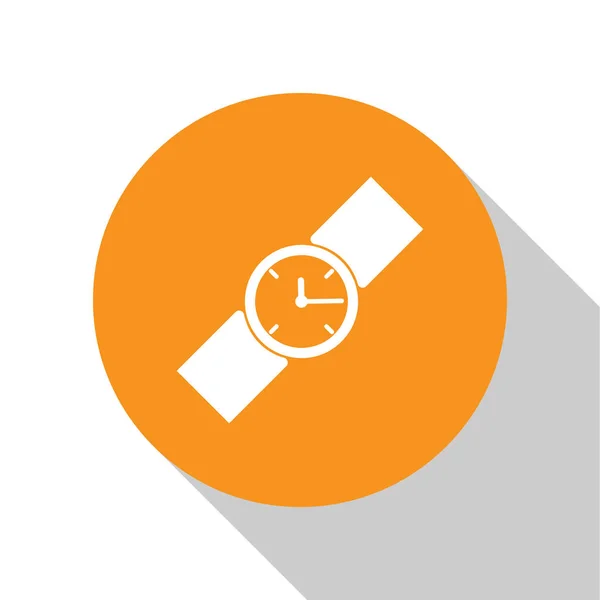 Λευκό εικονίδιο ρολόι καρπού απομονώνεται σε λευκό φόντο. Εικονίδιο χεριού. Πορτοκαλί κουμπί κύκλου. Επίπεδη σχεδίαση. Απεικόνιση διανυσματικών φορέων — Διανυσματικό Αρχείο