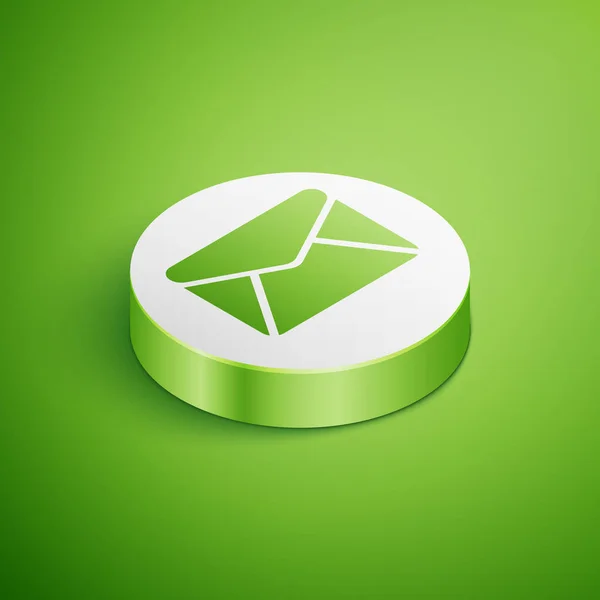 녹색 배경에 격리된 등각투영 봉투 아이콘입니다. 전자 메일 메시지 문자 기호입니다. 흰색 원 버튼. 벡터 일러스트레이션 — 스톡 벡터