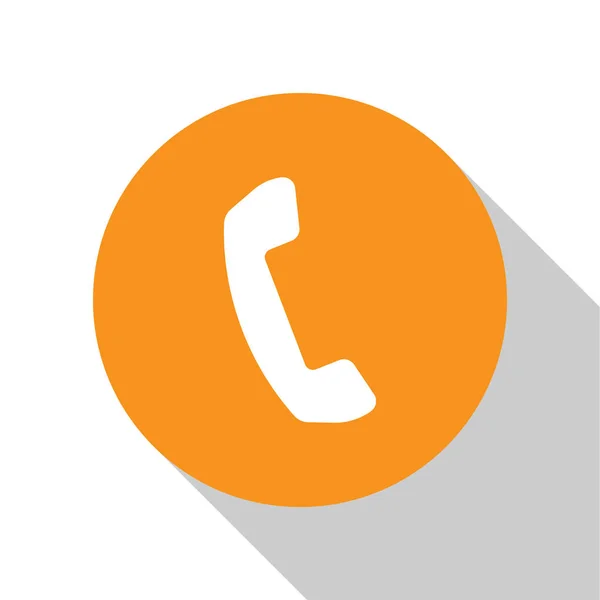 Wit telefoon handset pictogram geïsoleerd op witte achtergrond. Telefoon ondertekenen. Oranje cirkel knop. Plat ontwerp. Vector illustratie — Stockvector