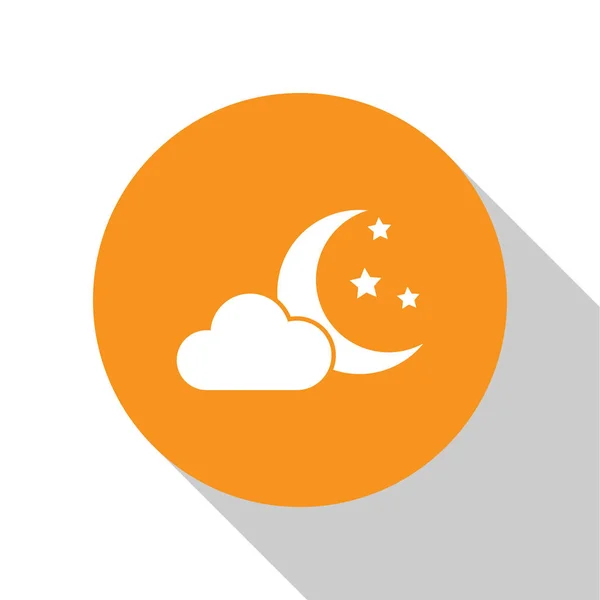 White Cloud with moon and stars icon isolated on white background. Cloudy night sign. Sleep dreams symbol. Night or bed time sign. Orange circle button. Flat design. Vector Illustration — Stock Vector