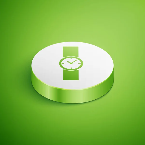 Isometrisk Armbands klocka ikon isolerad på grön bakgrund. Klockarmband sur ikon. Vit cirkel knapp. Vektor illustration — Stock vektor