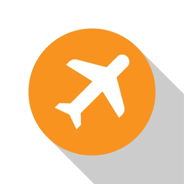 Weißes Flugzeug-Symbol isoliert auf weißem Hintergrund. Flugzeugikone. Verkehrszeichen. orange Kreis-Taste. flache Bauweise. Vektorillustration — Stockvektor