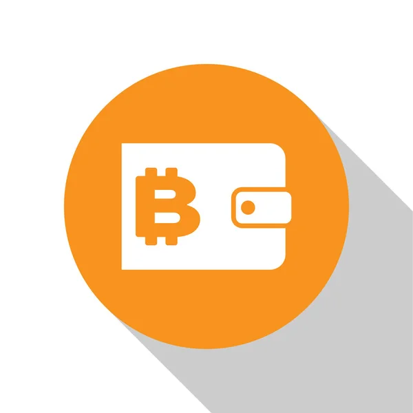 Vit ikon för kryptovaluta plånbok isolerad på vit bakgrund. Plånbok och Bitcoin tecken. Gruv koncept. Pengar, betalning, kontanter, pay-ikonen. Orange cirkel knapp. Platt design. Vektor illustration — Stock vektor