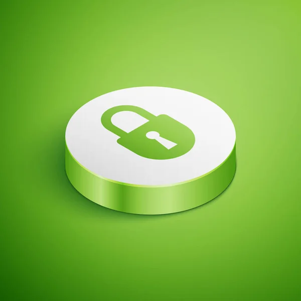 Isometrisk låsikon isolerad på grön bakgrund. Hänglås skylt. Säkerhet, säkerhet, skydd, integritets koncept. Vit cirkel knapp. Vektor illustration — Stock vektor