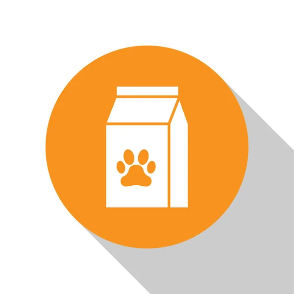 Sac de nourriture blanc pour animal de compagnie icône isolé sur fond blanc. Nourriture pour animaux. Paquet de nourriture pour animaux. Empreinte de patte de chien ou chat. Bouton rond orange. Illustration vectorielle — Image vectorielle