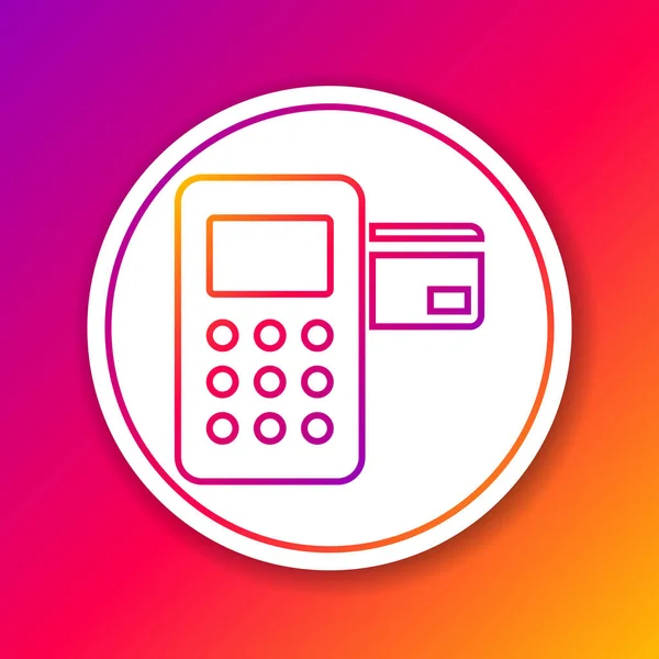 Color POS-Terminal met ingevoegde creditcard regelpictogram geïsoleerd op kleur achtergrond. Betalingsterminal transactie. Witte cirkel knop. Vector illustratie — Stockvector