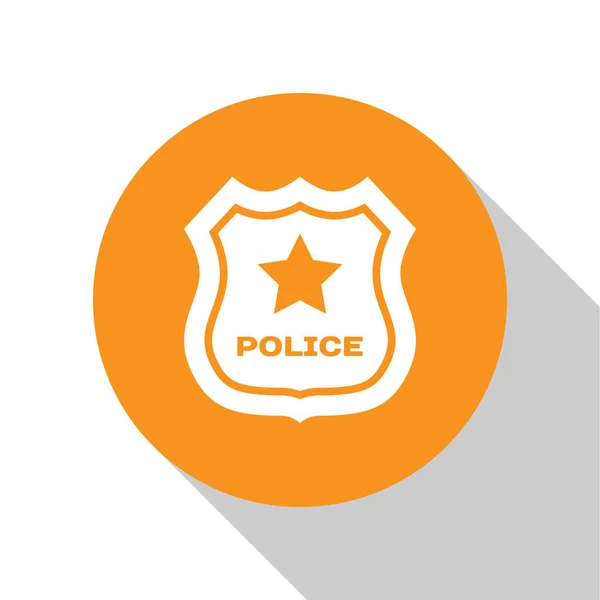 White Police badge icon isolated on white background. Sheriff badge sign. Orange circle button. Flat design. Vector Illustration — Stock Vector