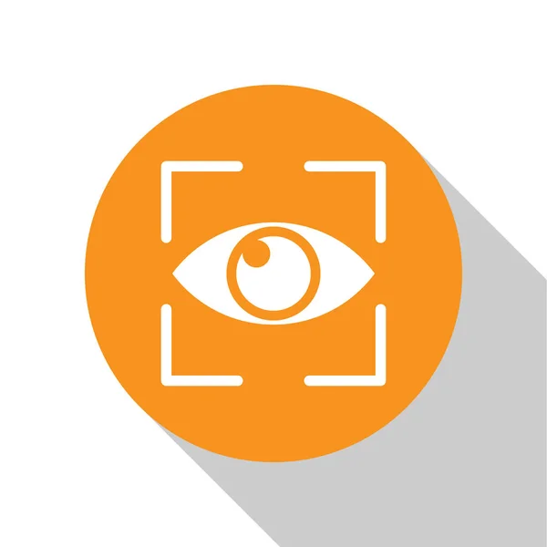 Weißes Auge Scan-Symbol isoliert auf weißem Hintergrund. Augen abtasten. Sicherheitsüberprüfungssymbol. Cyber-Augenzeichen. orange Kreis-Taste. Vektorillustration — Stockvektor