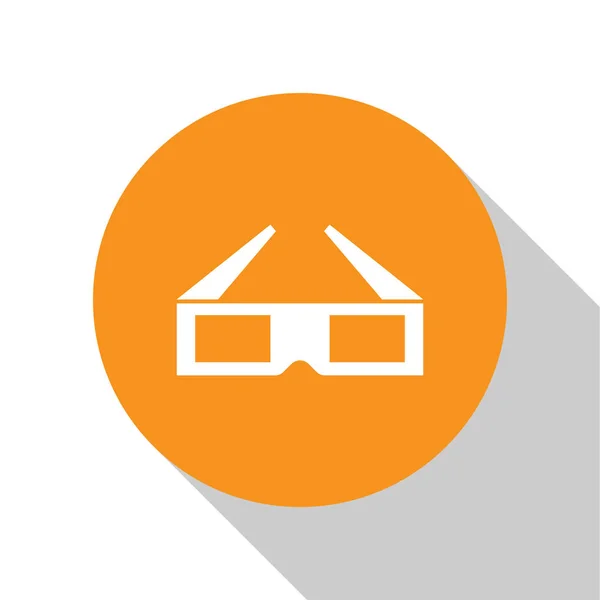 白色 3D 影院眼镜图标隔离在白色背景上。橙色圆圈按钮。平面设计。矢量插图 — 图库矢量图片