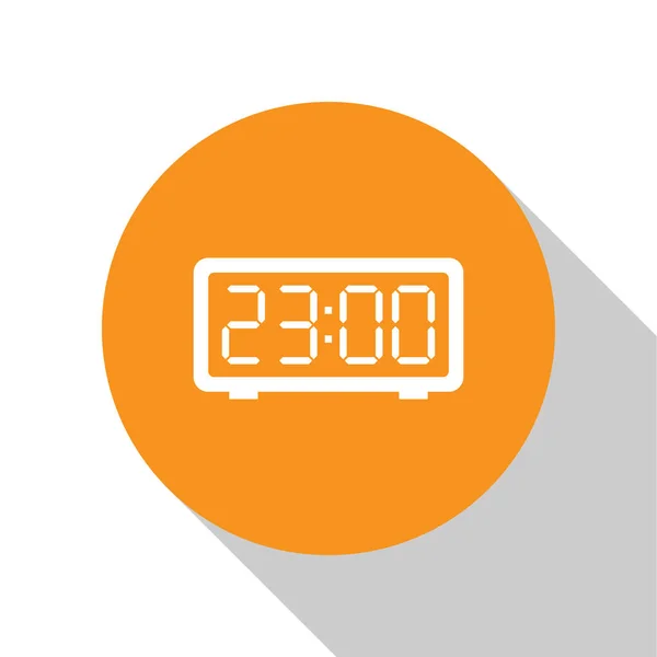 Ícone de despertador digital branco isolado no fundo branco. Relógio eletrônico despertador. Ícone de tempo. Botão laranja círculo. Design plano. Ilustração vetorial — Vetor de Stock