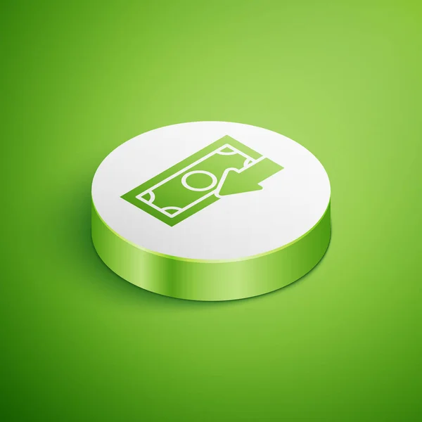 Isometrisk Cash Back ikon isolerad på grön bakgrund. Finansiella tjänster, pengarna återbetalning, avkastning på investeringen, sparkonto, Valutaväxling. Vit cirkel knapp. Vektor illustration — Stock vektor