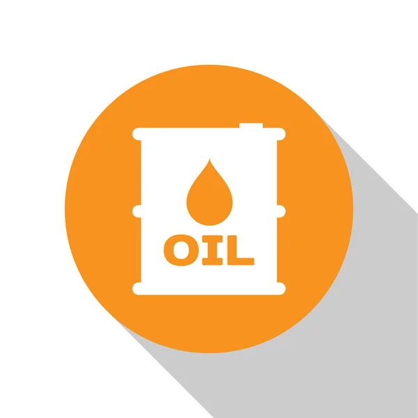 Icono del barril de petróleo blanco aislado sobre fondo blanco. Recipiente de tambor. Para infografías, combustible, industria, energía, ecología. Botón círculo naranja. Ilustración vectorial — Archivo Imágenes Vectoriales