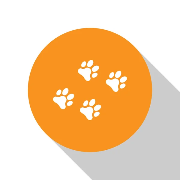 White Paw print icon isolated on white background. Dog or cat paw print. Animal track. Orange circle button. Vector Illustration