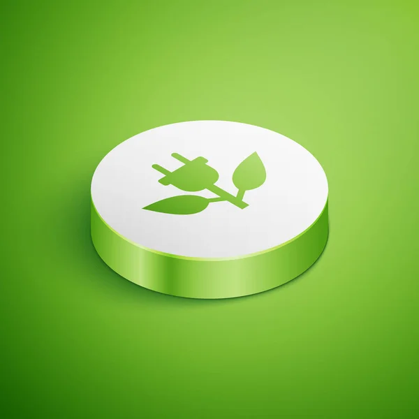 Isometric Electric saving plug in leaf icon isolated on green background. Save energy electricity icon. Environmental protection icon. Bio energy. White circle button. Vector Illustration — Stock Vector