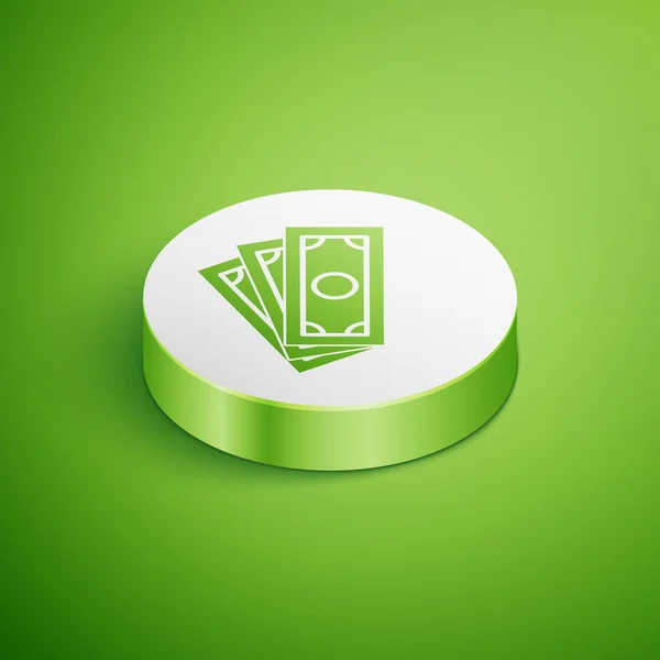 Isometriska stackarna papperspengar kassa ikon isolerad på grön bakgrund. Pengasedlar staplar. Räkna valuta. Vit cirkel knapp. Vektor Illustration — Stock vektor
