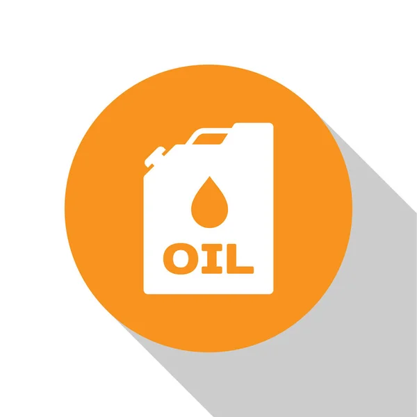 Witte plastic Canister voor motor machineolie pictogram geïsoleerd op witte achtergrond. Olie gallon. Oliewissel service en reparatie. Motorolie teken. Oranje cirkel knop. Vector illustratie — Stockvector