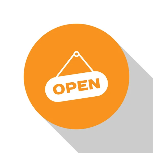 Vit hängande skylt med text Öppen dörr ikon isolerad på vit bakgrund. Orange cirkelknapp. Vektor Illustration — Stock vektor